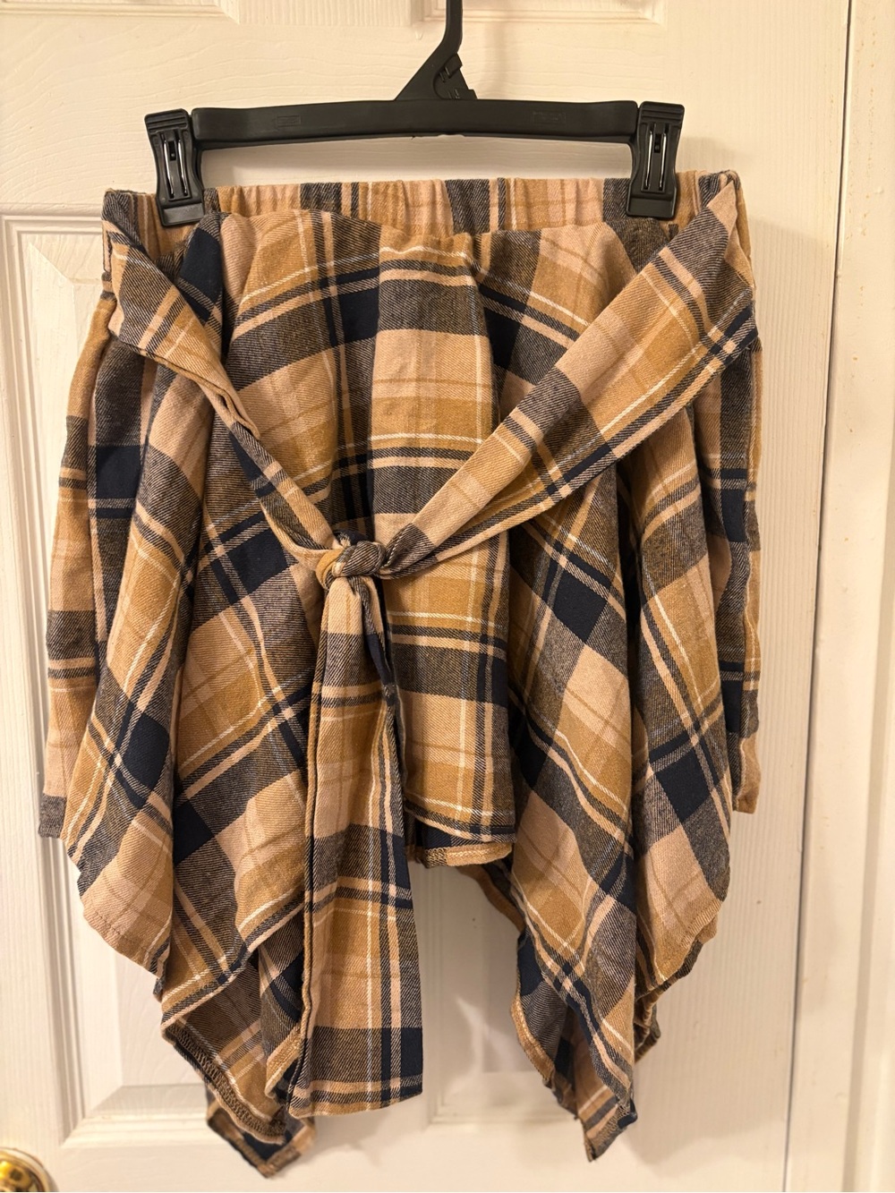 SHEIN Asymmetrical Plaid Tie-Front Skirt in Tan and Navy